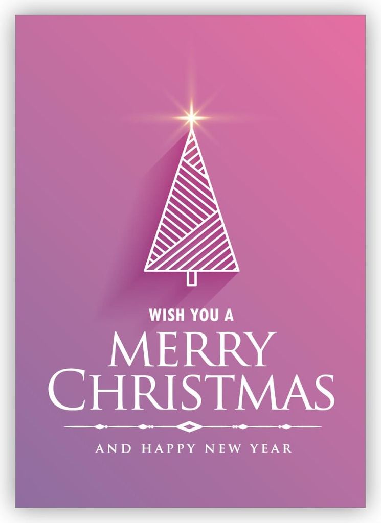 4x Moderne rosa Weihnachtskarte mit grafischem Weihnachtsbaum: wish you a merry christmas and happy new year