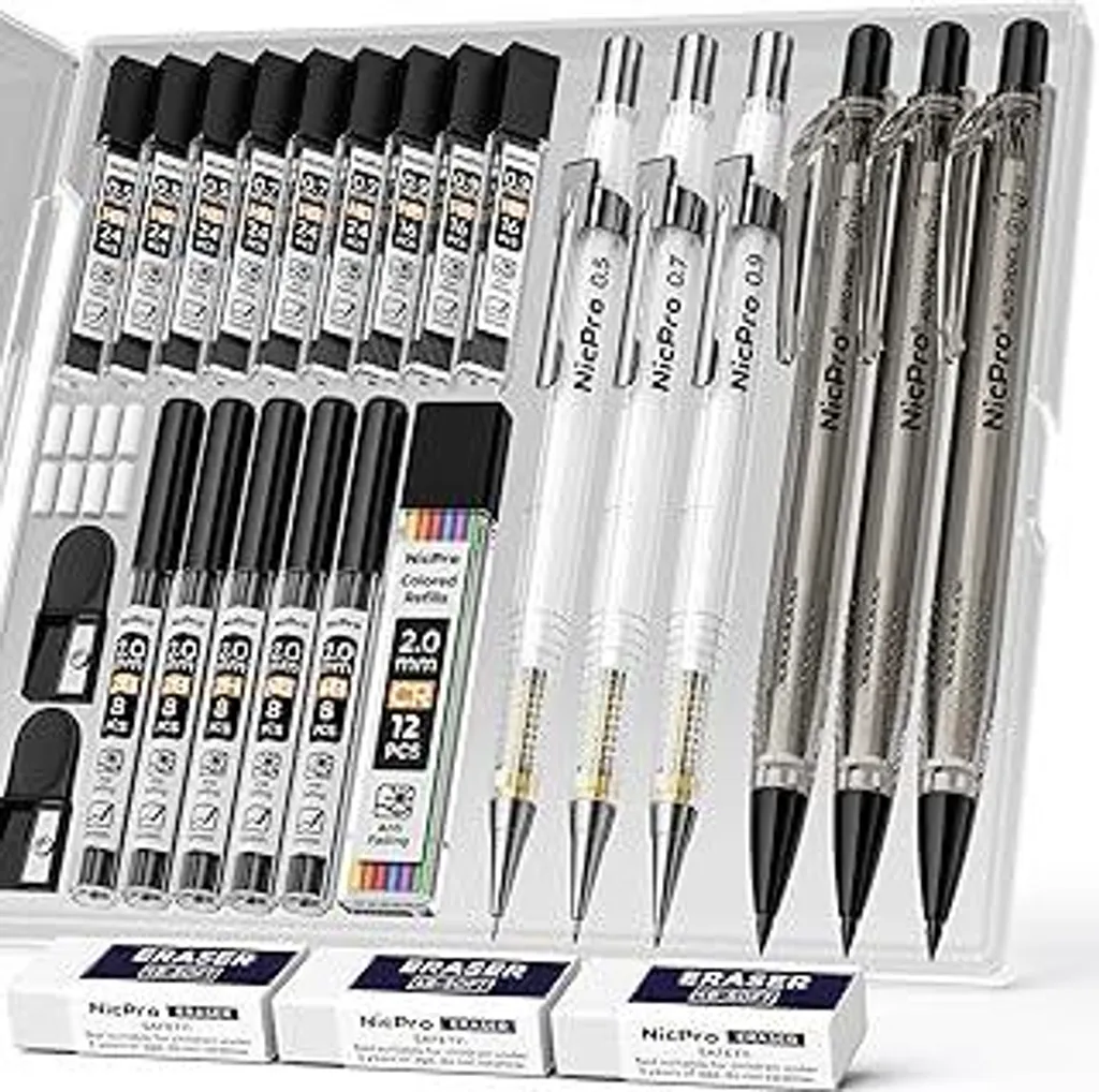 Set Nicpro da 6 matite meccaniche con astuccio, matite da disegno con spessore 0,5, 0,7, 0,9 mm e 3 portamine da 2 mm (colori 4B, 2B, HB, 2H) per scrittura artistica, schizzi e disegni.