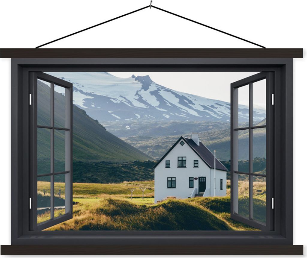 MuchoWow Textilposter Aussicht - Haus - Berg 60x40 cm mit schwarzem Rahmen - Hölzernes