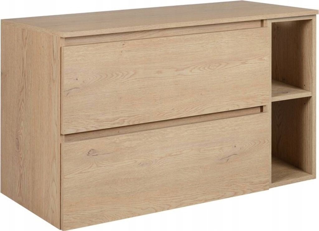 A light brown wooden cabinet with two drawers and an open shelf on the right side, shown from a front-side angle against a white background.