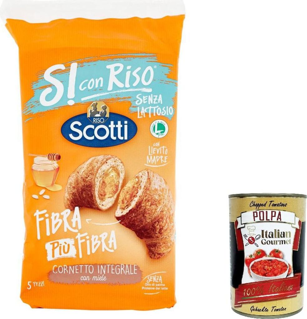 6x Riso Scotti - Si con Riso - Cornetti Laktosefreie Ballaststoffe plus Ballaststoff Vollkorn-Croissant mit Honig 250g + Italian gourmet polpa 400g
