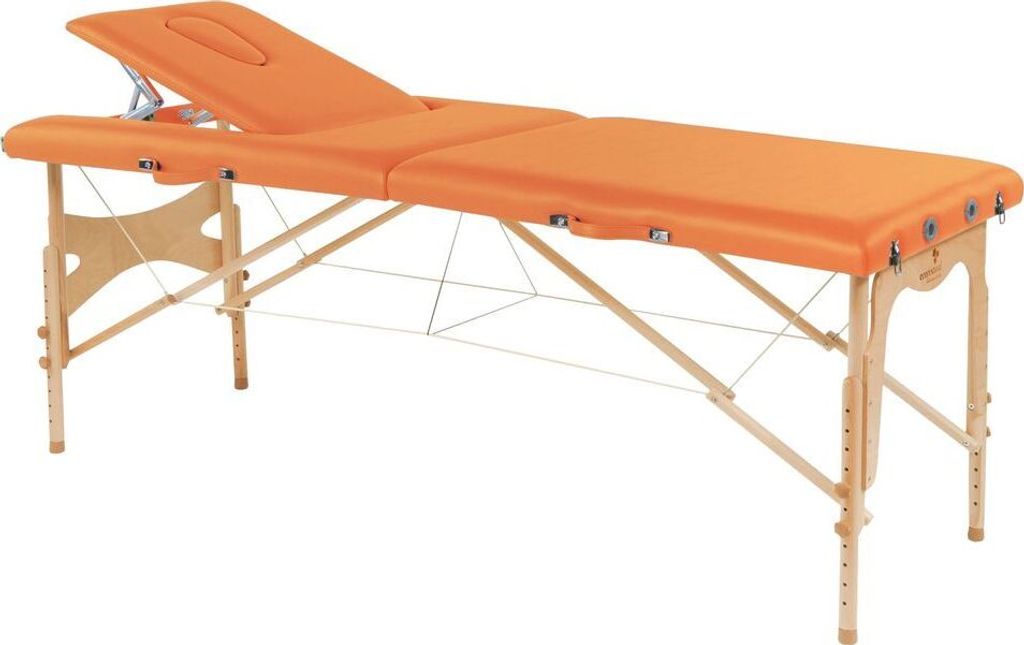 Behandlungsliege, Massageliege, Liege klappbar, mobil, Höhe 57-85 cm, aus Holz, Farbe:48 clementine