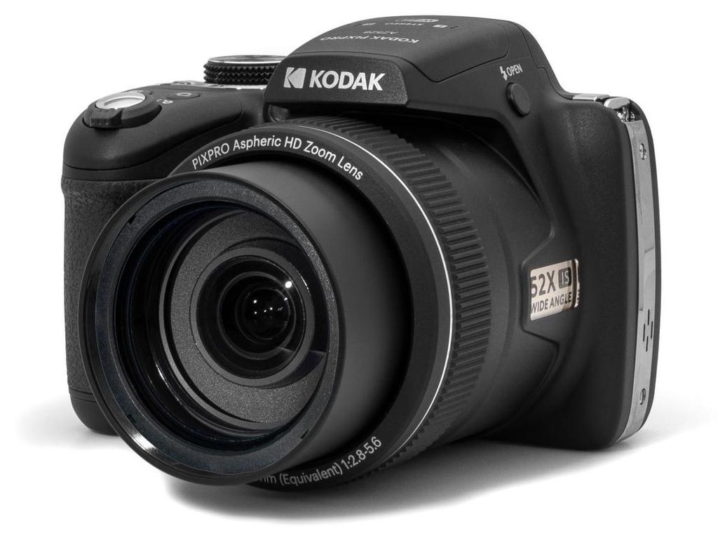 A studio shot of a black Kodak PixPro digital camera.