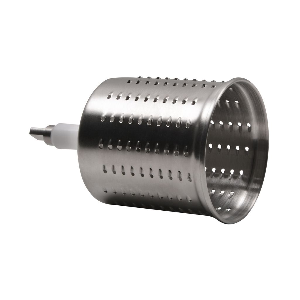 A close-up studio shot of a metal grater attachment with a white plastic connector on a white background.