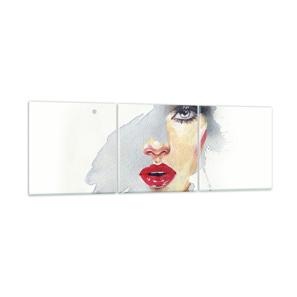 Bilder auf glas - 3 Teile - Aquarell Frau Mund - 90x30cm - Glasbilder - Wandbilder - Bilder - zum Aufhängen bereit - Wanddekoration aus Glas - Gla...