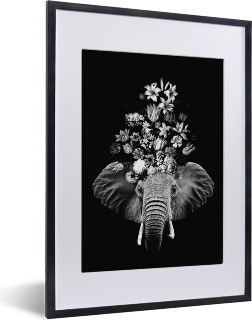 MuchoWow Gerahmtes Poster Elefant mit Blumen vor schwarzem Hintergrund - schwarz und weiß 30x40 cm - Poster mit Schwarzem Bilderrahmen Wandposte...
