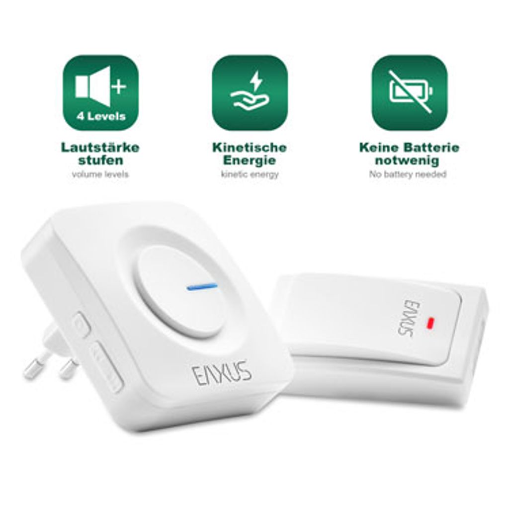 A white wireless doorbell set with informational icons above.