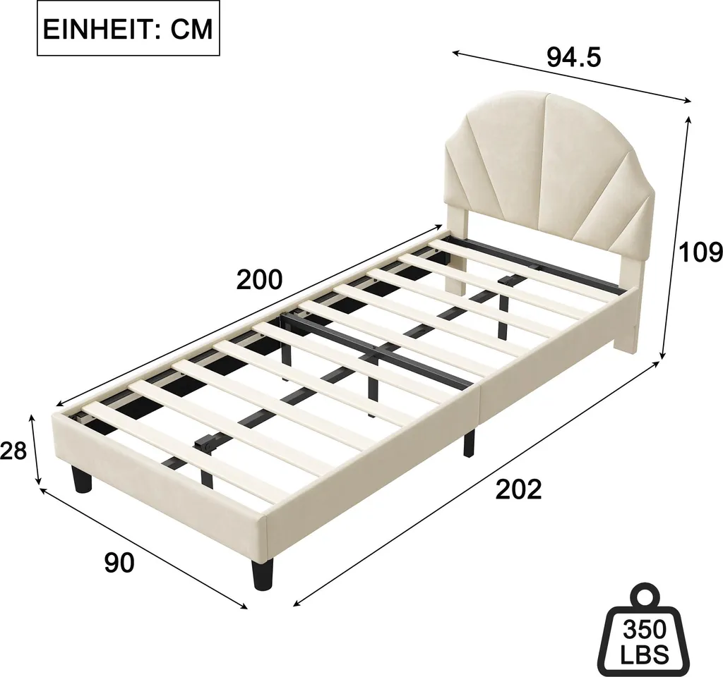 Lit simple velours beige 90x190 tête de lit haute - UnboxG confort