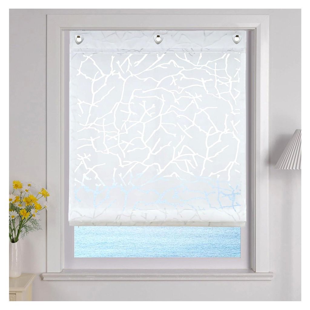 Raffrollo mit U-Haken für die Küche, halbtransparent, Ösenrollo, Vorhänge, Ausbrenner, Weiß, BxH 80x140cm, 1 Stück