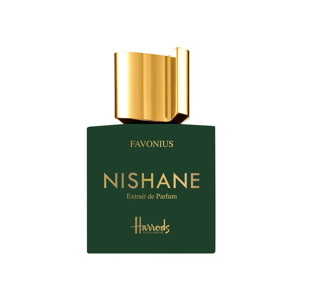 A bottle of Nishane Favonius Extrait de Parfum, a Harrods exclusive.