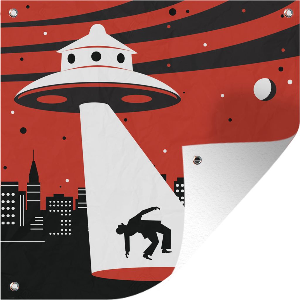 MuchoWow 50x50 cm Outdoor-Poster Gartendeko Sichtschutz Garten Poster für den Garten Eine Illustration eines UFOs, das eine Person entführt - ...