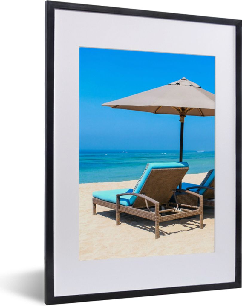 MuchoWow Gerahmtes Poster Strandkorb - Sonnenschirm - Sommer - Meer 30x40 cm - Poster mit Schwarzem Bilderrahmen Wandposter Rahmen Foto Bilder - ...