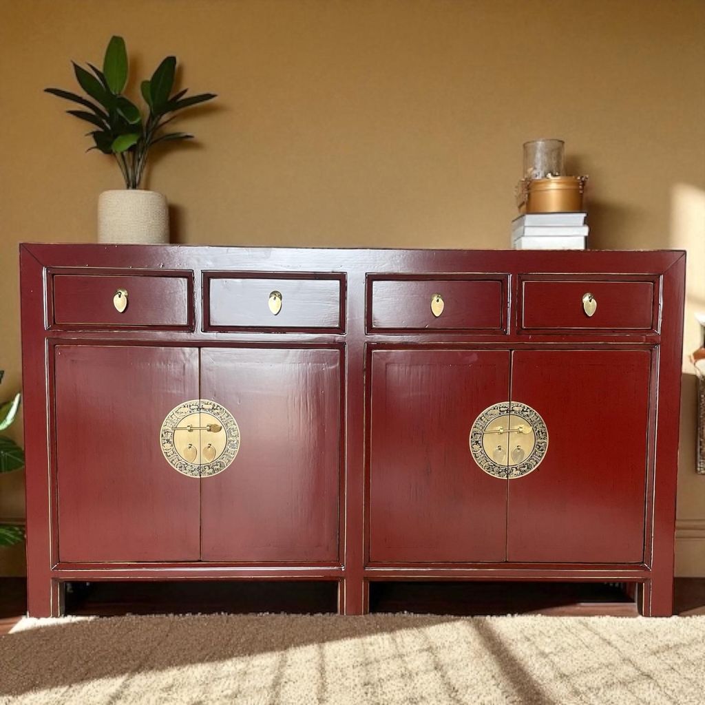 Sideboard Kommode Schrank Anrichte Büffet Asia Möbel aus Holz dunkel-rot scarlet-red chinesisch asiatisch orientalisch Vintage Stil komplett mont...