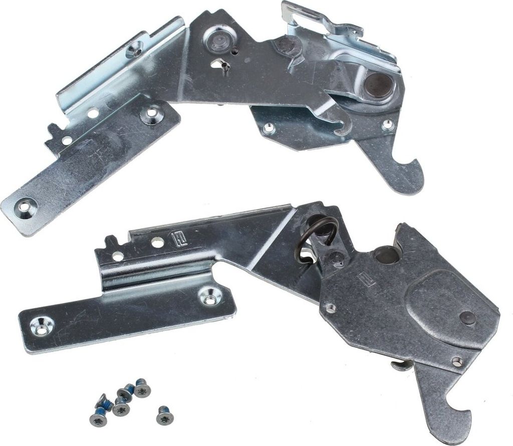 Two metal hinges and a small pile of screws are shown against a white background.