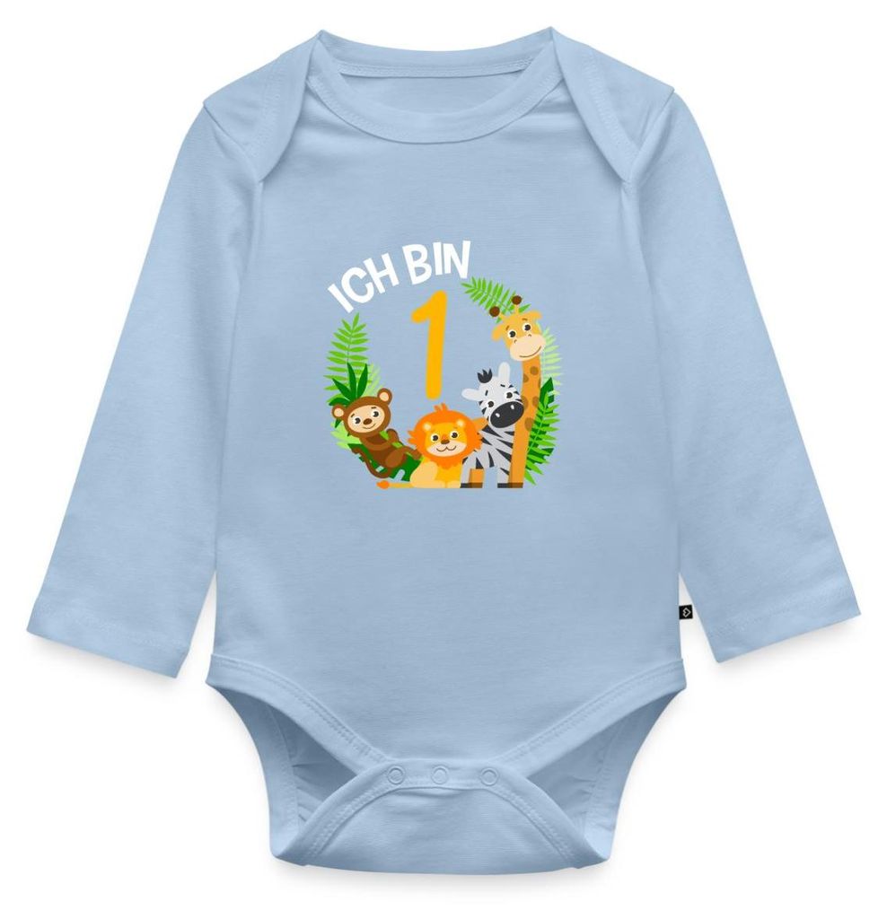 Spreadshirt 1. Geburtstag Dschungel Tiere Tages Baby Body Langarm, 74 (6-9 M.), Hellblau