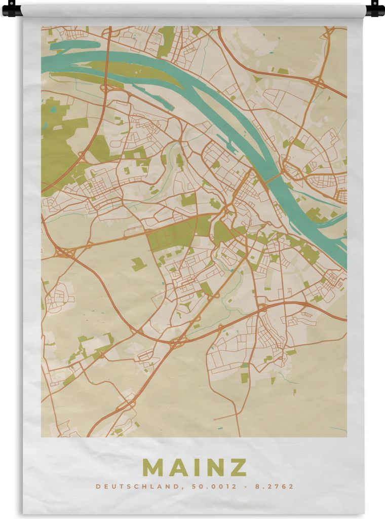 MuchoWow Wandteppich Wandbehang Karte - Mainz - Karte - Vintage - Stadtplan 90x135 cm Tapisserie Dekoration Wandtuch - Baumwolle - Wandskulptur