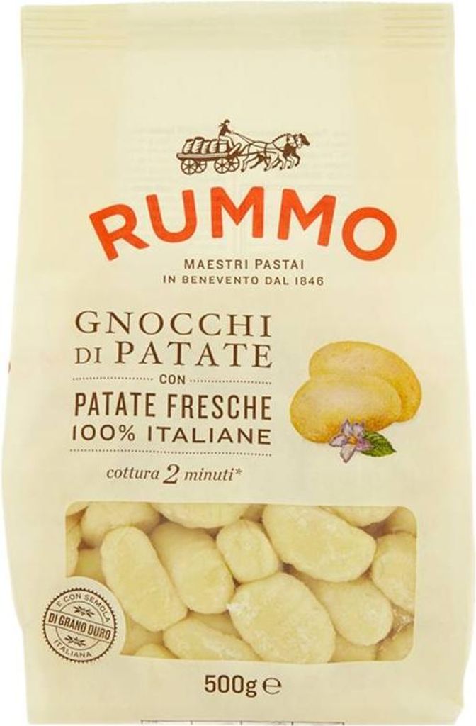 A bag of gnocchi di patate (potato gnocchi) with a clear window showing the product inside.