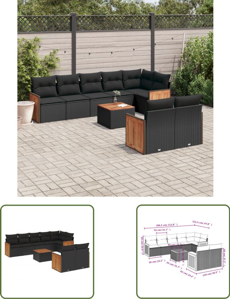 The Living Store 9-tlg. Garten-Sofagarnitur mit Kissen Schwarz Poly Rattan
