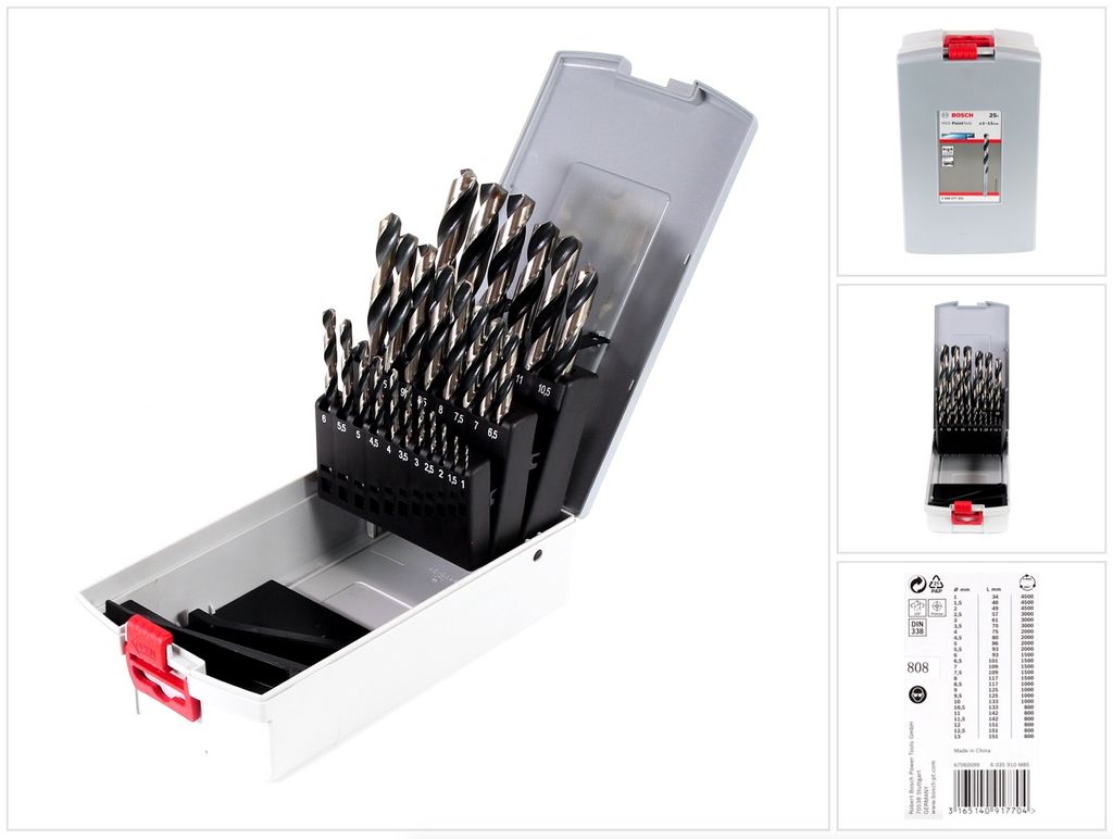 A set of drill bits in a case, with additional product images and information on the right.