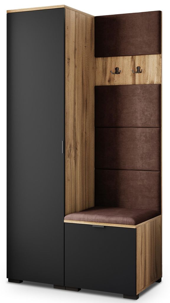Masseno Garderobe-Set LORI 95/181/51 cm Modern Garderobenschrank Eiche Wotan, Veloursstoff MONOLITH 29 (Braun)