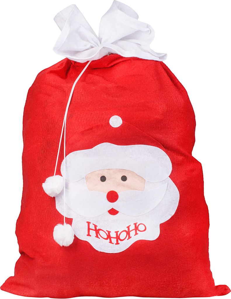A red Santa sack with a depiction of Santa Claus's face and the text 'Ho Ho Ho' on it.