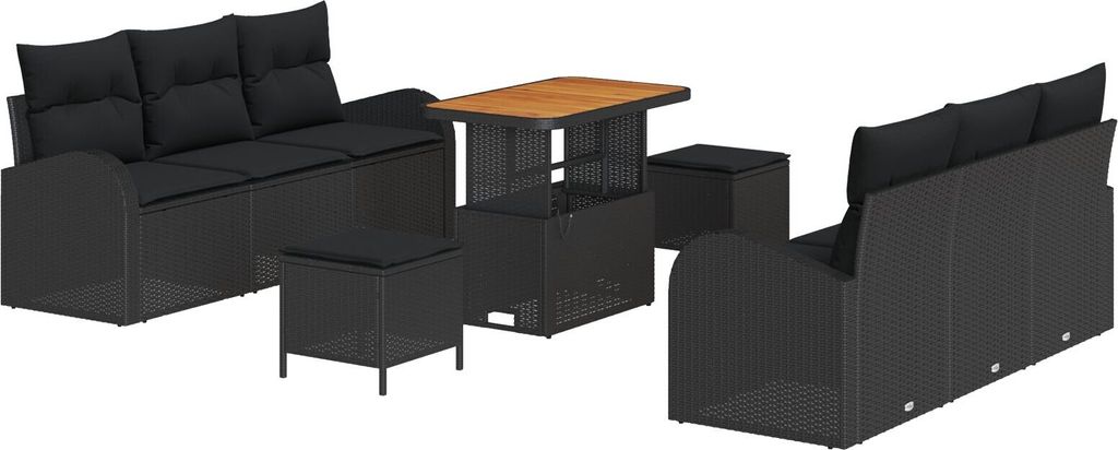 Möbel 9-teiliges Garten Sofa Set mit Kissen Schwarz Poly Rattan Akazie, 2-Sitzer Garten Sofa mit Kissen Schwarz Poly Rattan, 3-teiliges Garten Ess...