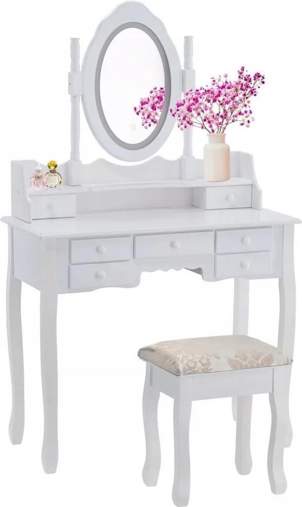 Coiffeuse blanche avec miroir LED et tabouret assorti - 90 x 40 x 146 cm