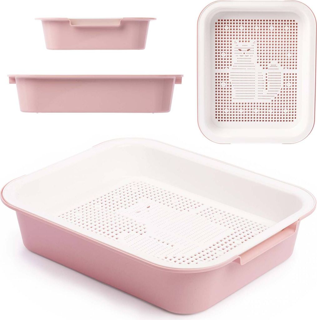 A pink cat litter tray with a white perforated insert, shown from multiple angles.