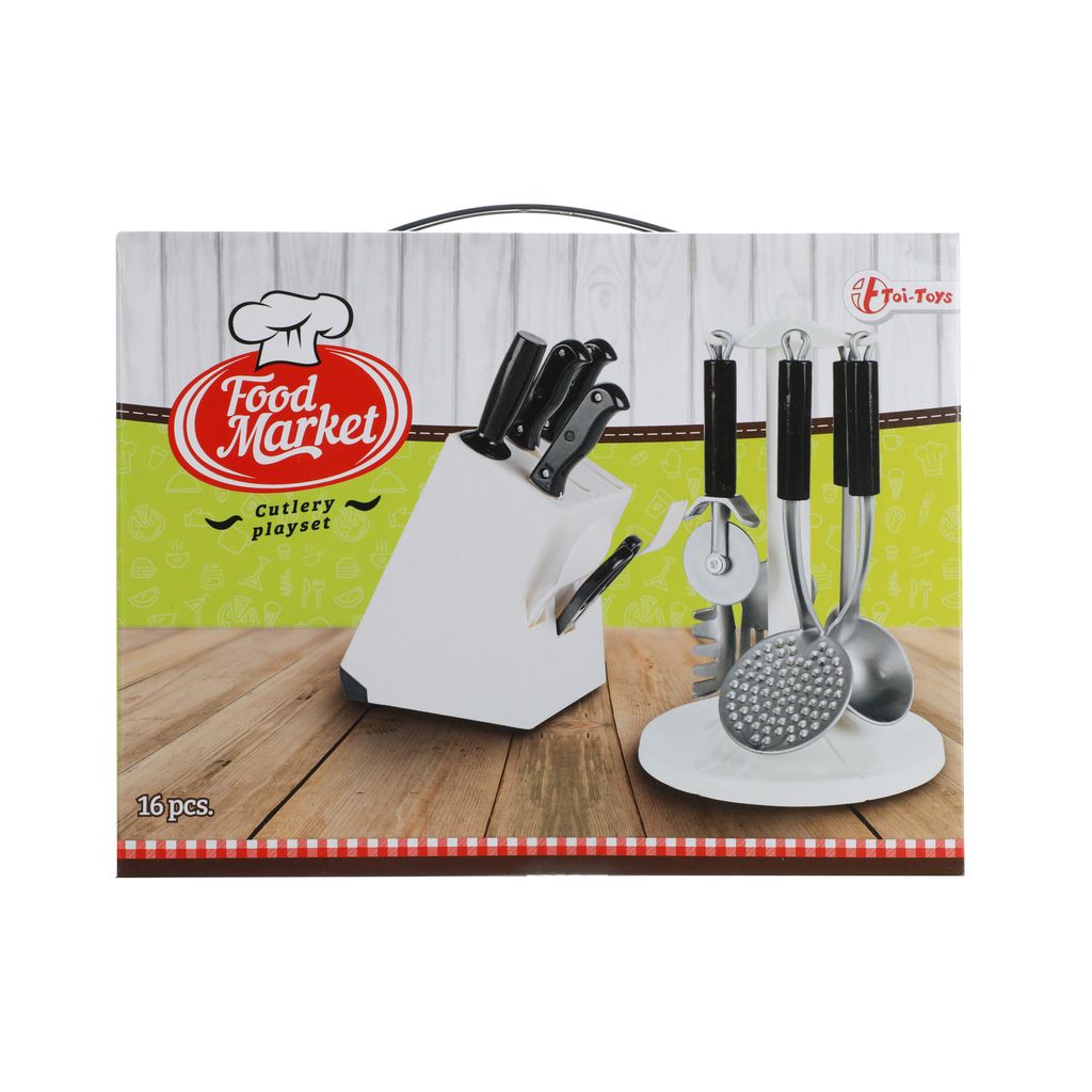 Toi-Toys FOOD MARKET Küchenutensilien & Messerset – 16-teiliges Spielküchen-Set für Kinder