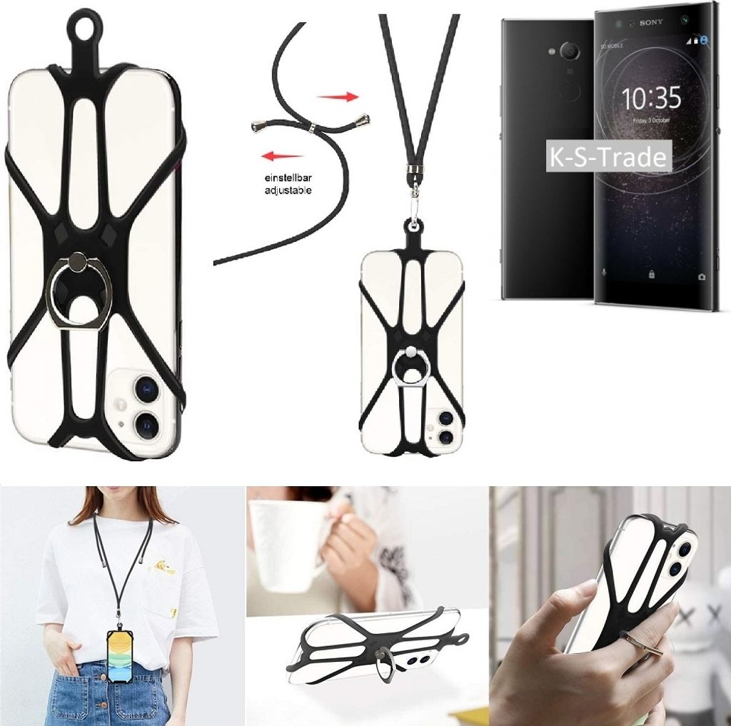 K-S-Trade 3in1 Handykette Handyband Handykordel Halsband Smartphone-Ring Handy-Ring kompatibel mit Sony Xperia XA2 Ultra Dual-SIM Fingerhalterung