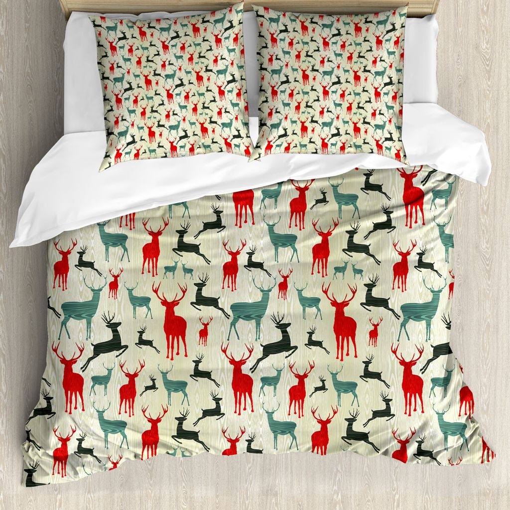 ABAKUHAUS Hirsch Bettbezug, Holz Winter Tiere, Milbensicher Allergiker geeignet mit Kissenbezügen, 155 cm x 220 cm - 80 x 80 cm, Mehrfarbig