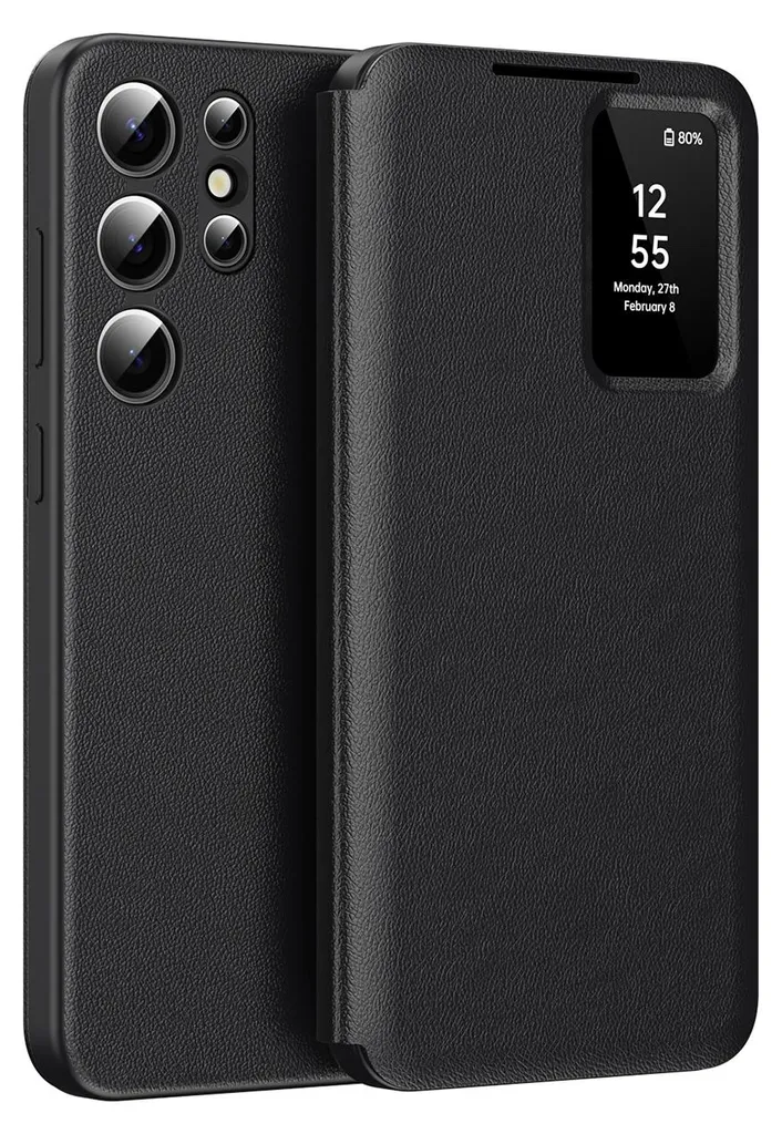 Custodia Samsung S25 Ultra in Pelle Smart View - Nera con Porta Carte