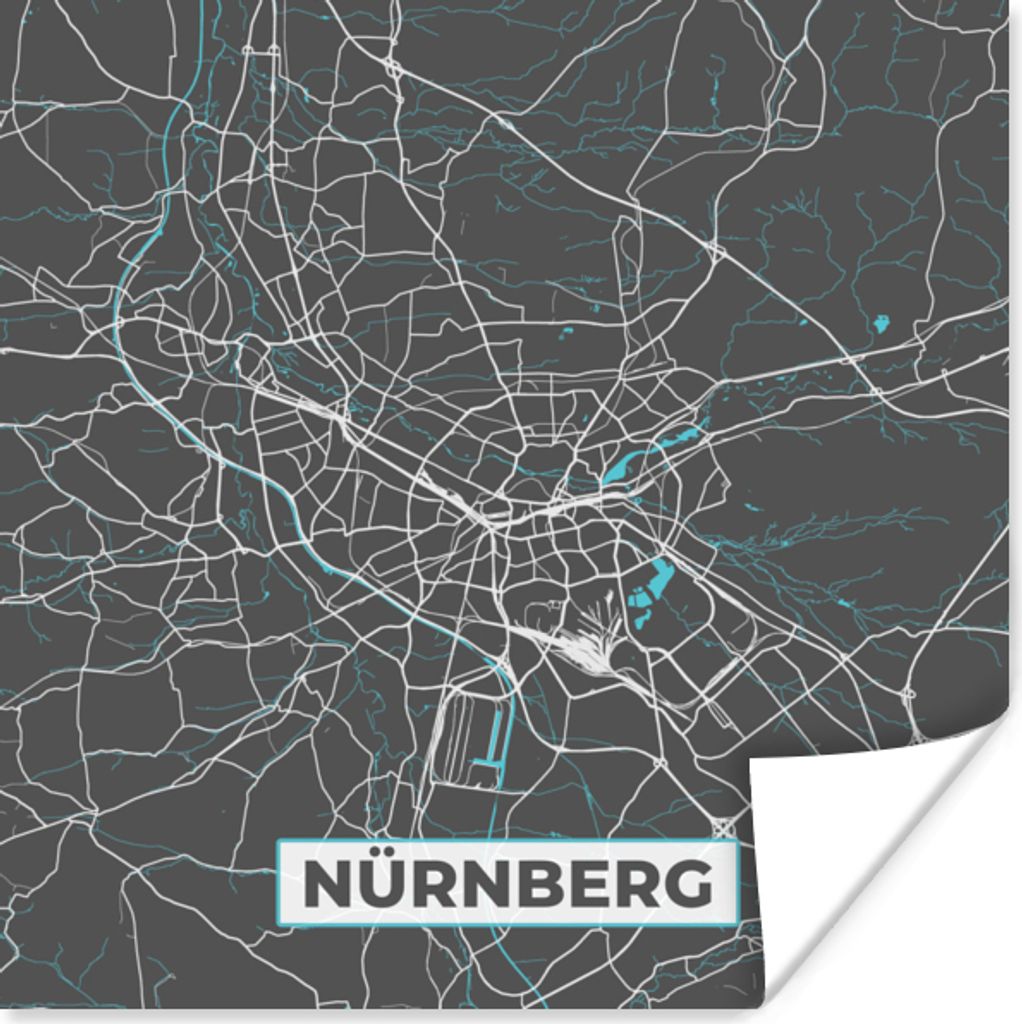 MuchoWow Poster Karte - Stadtplan - Nürnberg - Deutschland - Blau 50x50 cm - Wohnzimmerdekoration