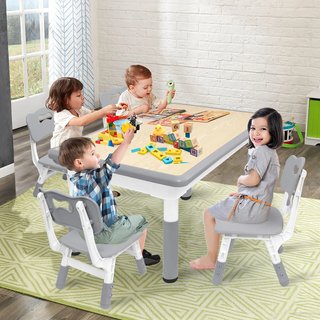 XMTECH Ensemble Table et 4 Chaises Enfant Grises avec Hauteur Réglable - 4