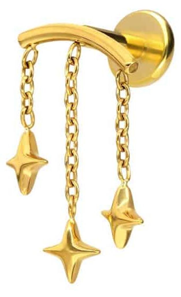 Ohrpiercing, Nasenpiercing Titan Labret mit Push Fit BOGEN + 3 STERNE Gold Stablänge: 5mm | Stabstärke: 1mm