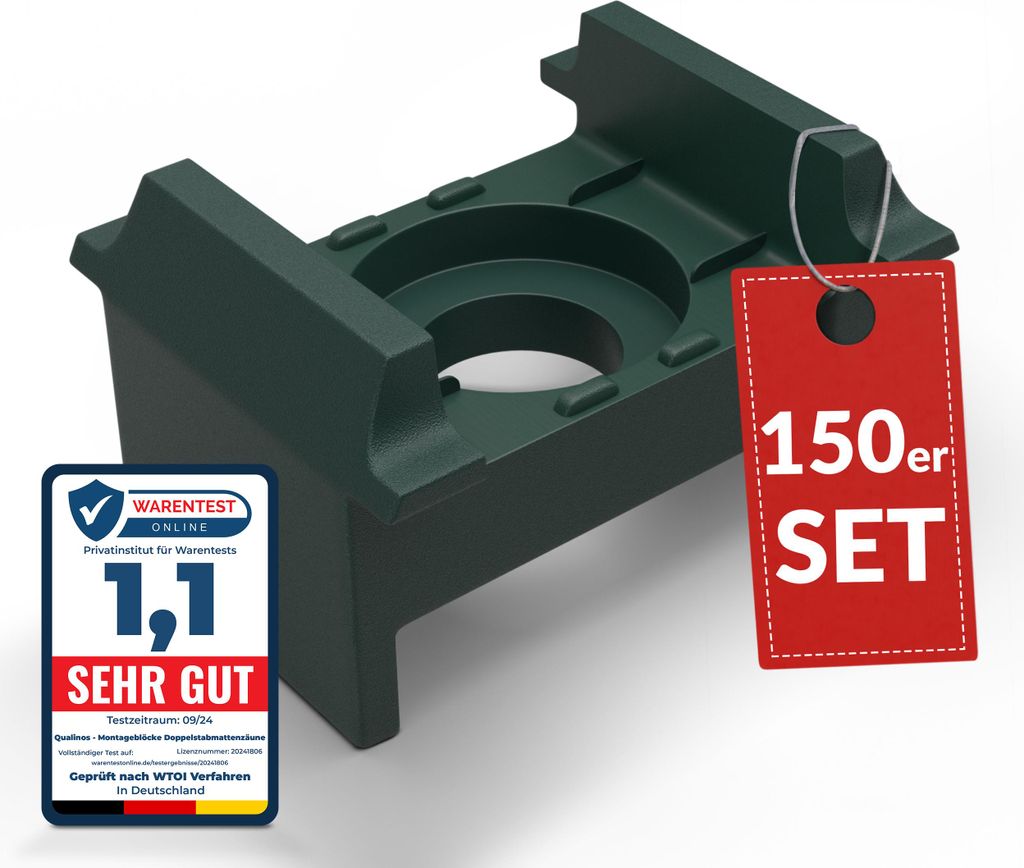Qualinos Zaunhalter mit Haltenasen für 40 mm Pfosten Grün 6005 (150 Stück) – Stabmattenzaun Zubehör zur Doppelstabmattenzaun Befestigung