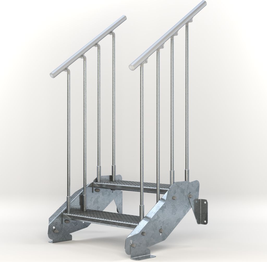 Stahltreppe 2 Stufen bis Höhe 44 cm, Laufbreite : 70 cm beidseitiges Geländer ST 1 (31 / 31 mm)