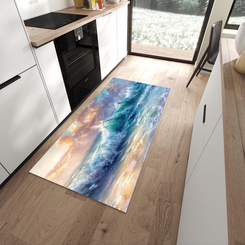 Küchenteppich 90x180cm rutschfest & abwischbar PVC Läufer - Ozeanwellen Sonnenaufgang
