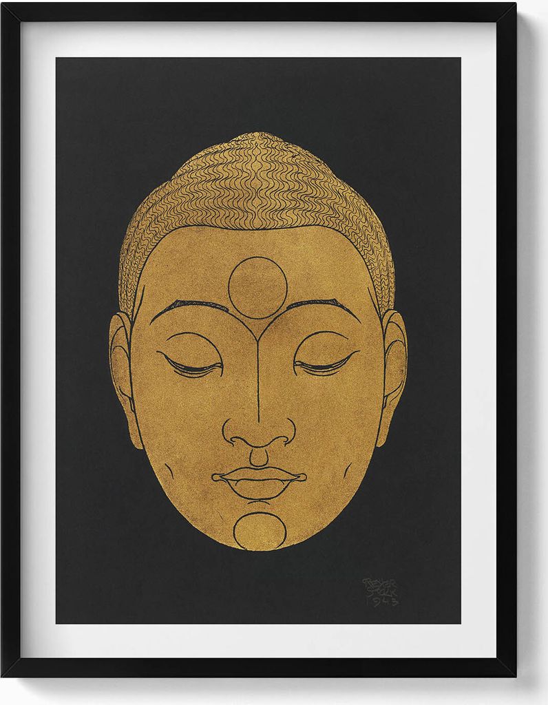 Goldener Kopf des Buddha– Wandbild mit Rahmen – Gerahmtes Bild – Wanddekoration – 60x80 cm – Schwarz Rahmen