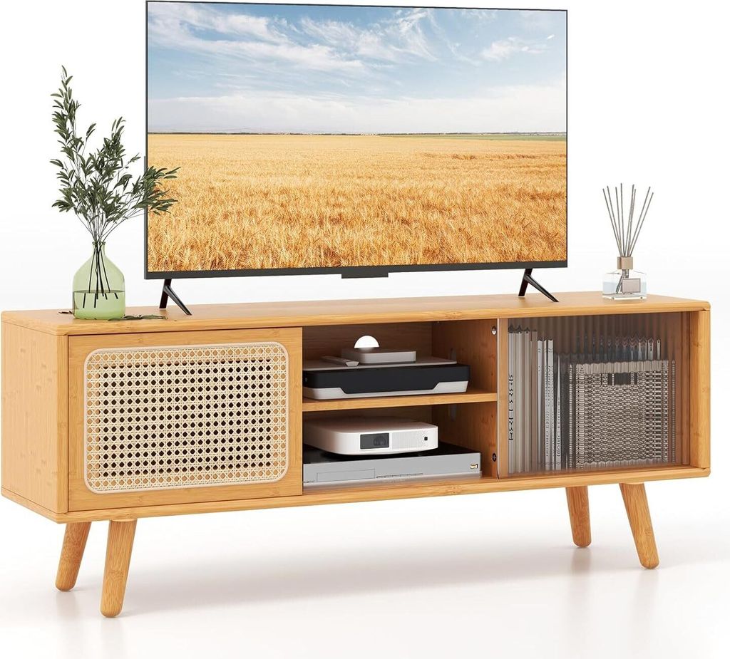 KOMFOTTEU Fernsehtisch TV-Schrank aus Bambus & Rattan, Fernsehschrank für TV bis zu 55 Zoll, TV Lowboard 120,5x31x45,5 cm