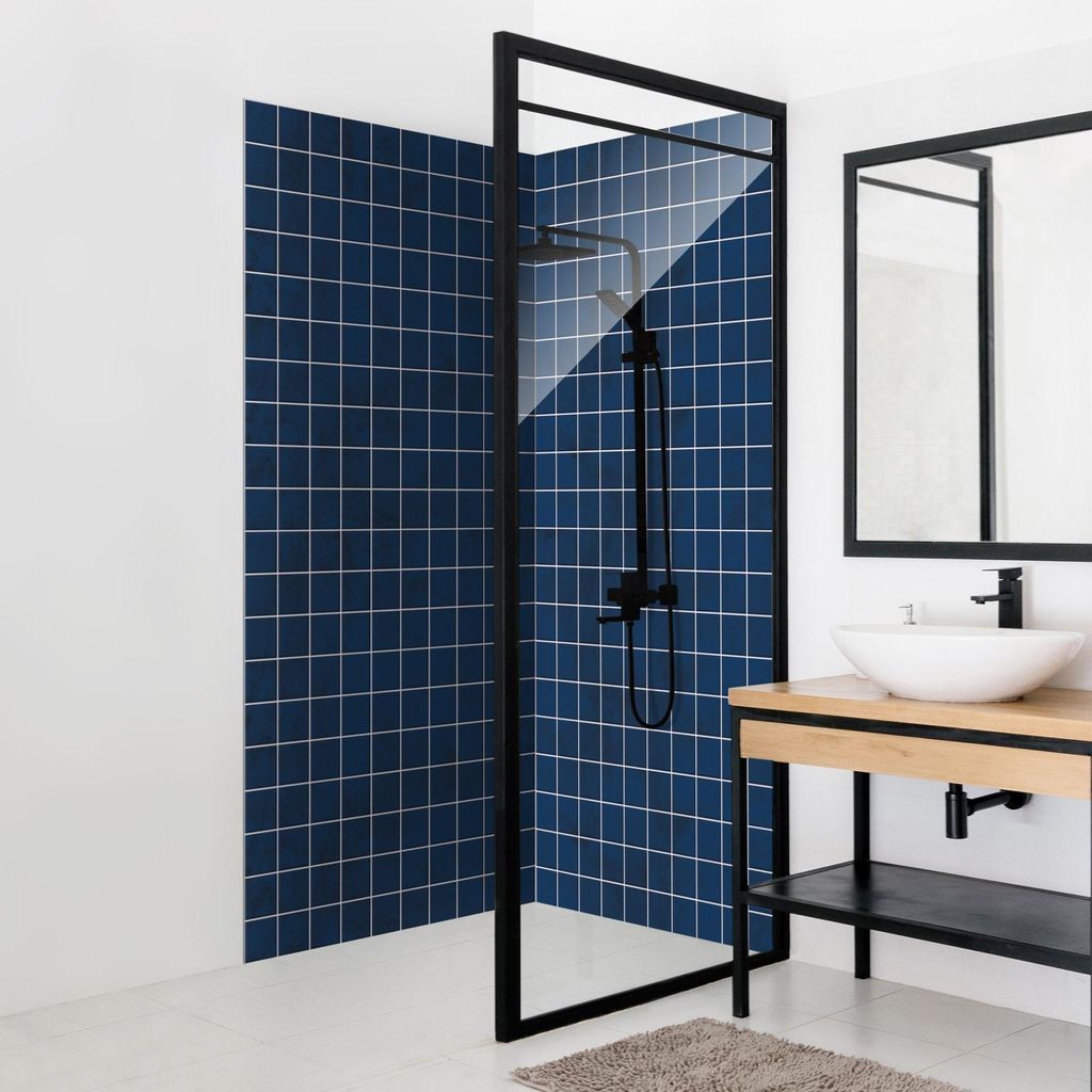 Duschrückwand mit Motiv selbstklebend - 0.35 mm Wandpaneel wasserfest Design blau Fliesenoptik Badrückwand fugenlos Smart matt 90x210 cm