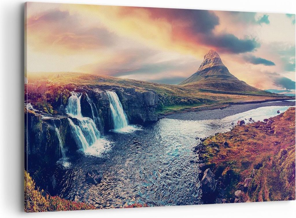Bild auf Leinwand - Leinwandbild - Einteilig - Wasserfall Himmel Berg - 120x80cm - Wand Bild - Wanddeko - Wandbilder - Leinwanddruck - Bilder - Wan...