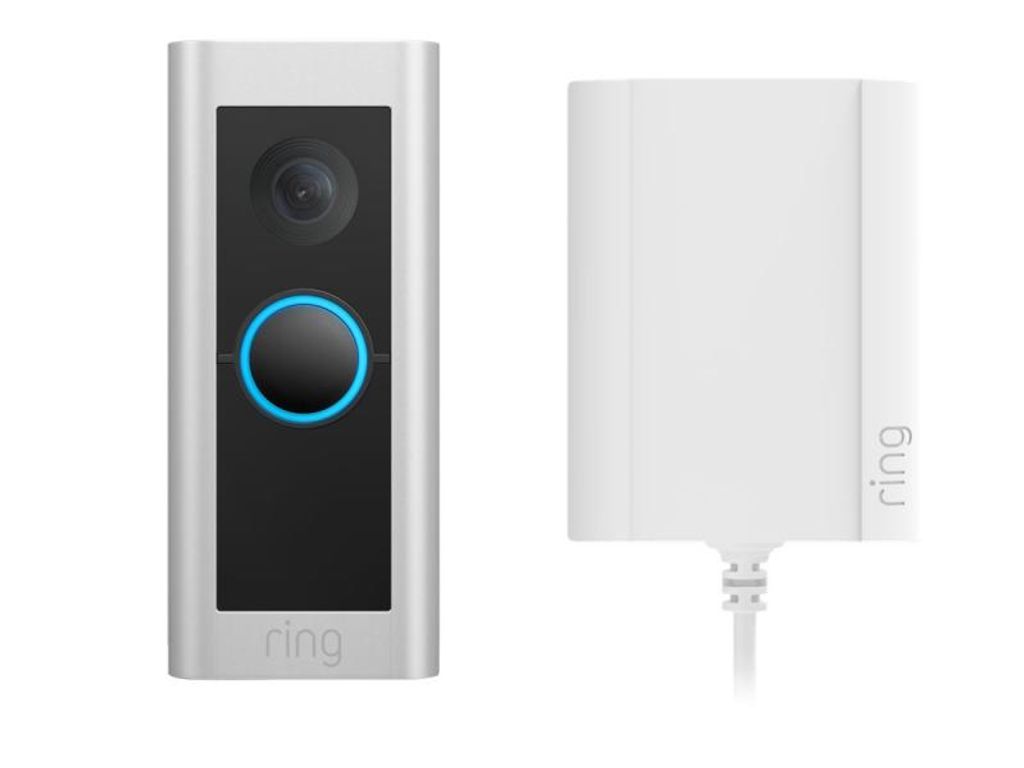 A Ring Video Doorbell Pro 2 and its plugin adapter are displayed side-by-side on a white background.