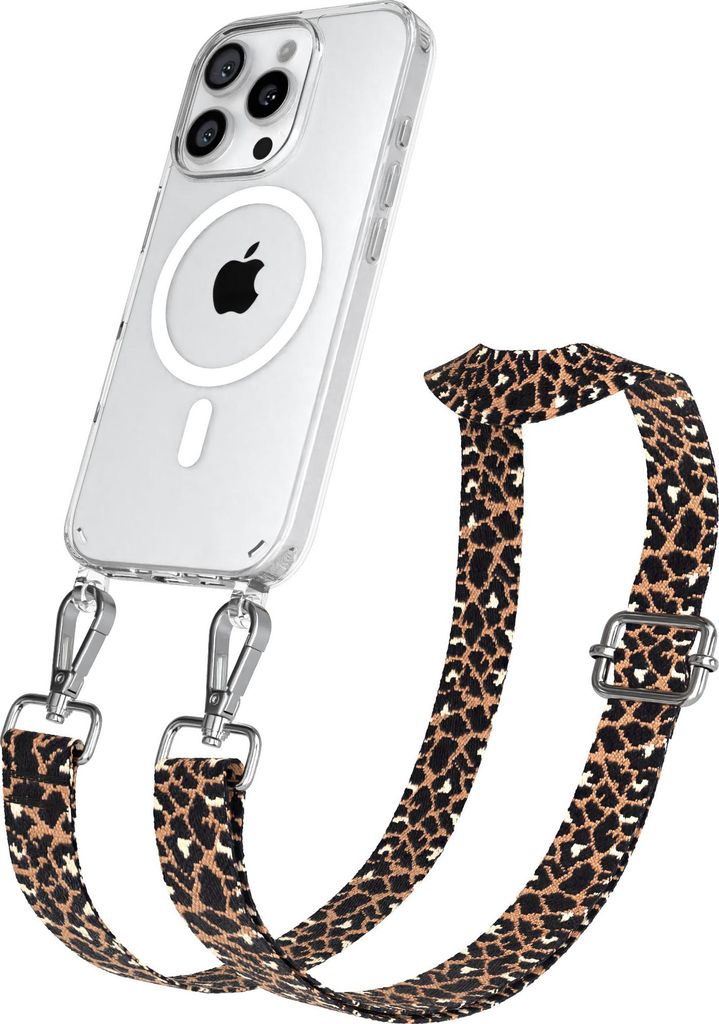 EAZY CASE - Handykette mit MagSafe Hülle für Apple iPhone 16 Pro, Handyband Leo Style, Karabiner Silber, Umhängeband in Schwarz