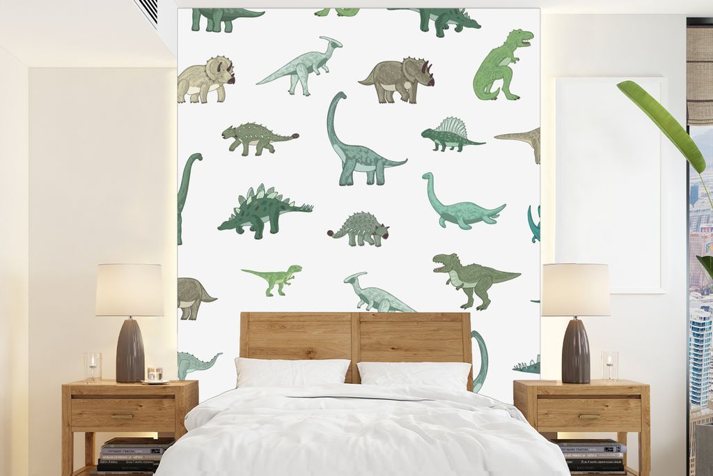 MuchoWow Fototapete für Wohnzimmer oder Schlafzimmer Wandtapete Vinyl Motivtapete Dinosaurier - Grün - Jungen - Braun - Kind - Muster - 165x220...