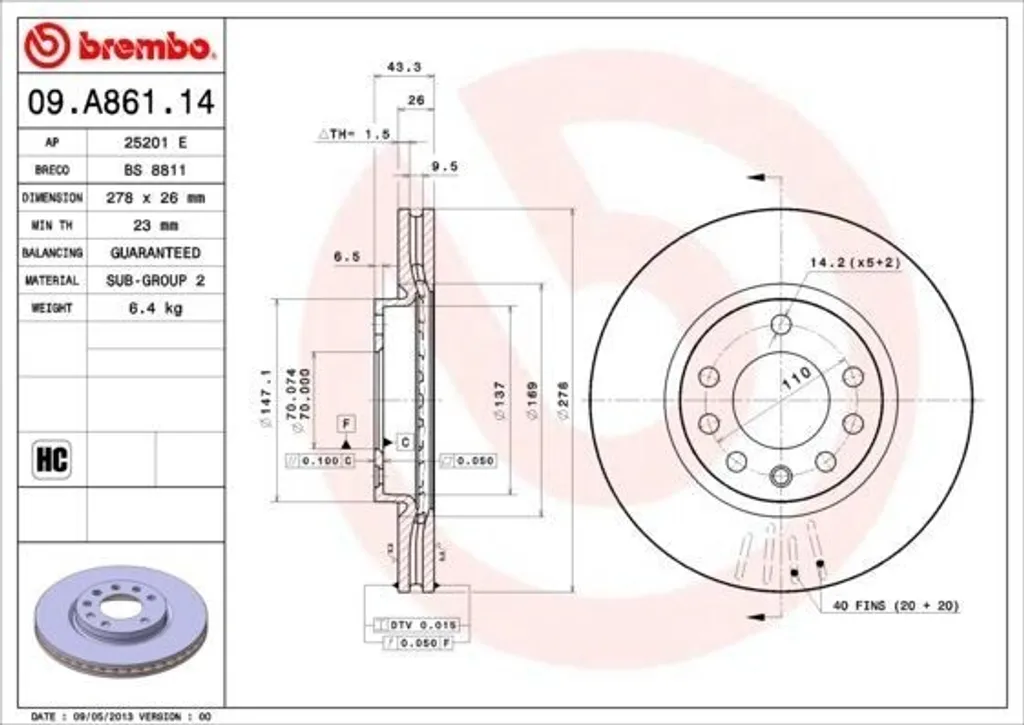 Disque de Frein Brembo 09.A861.14 pour Entretien Système Corsa D