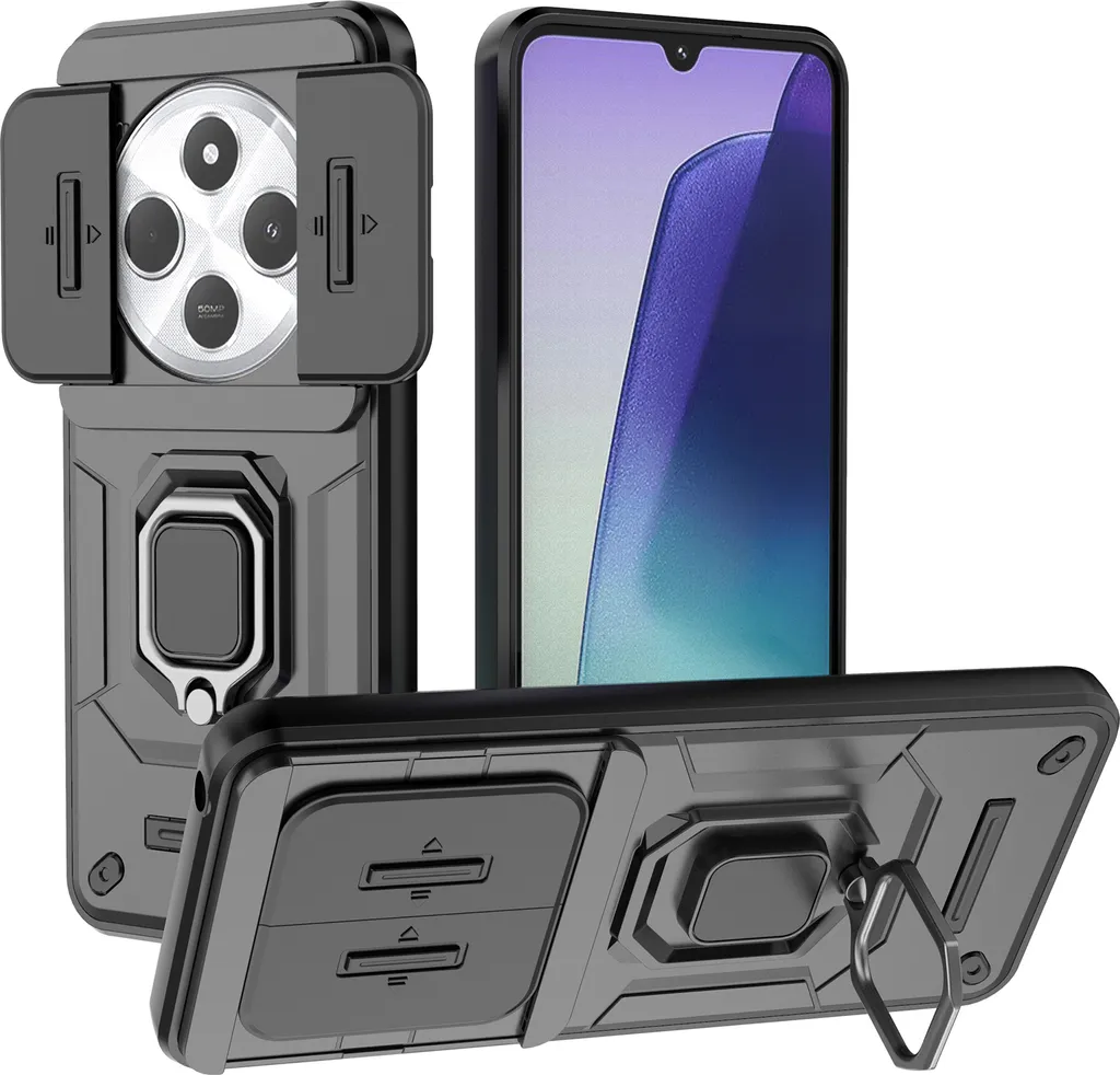 Cover Xiaomi Redmi 14C Armor con Ring Holder e Slide Camera Nero
