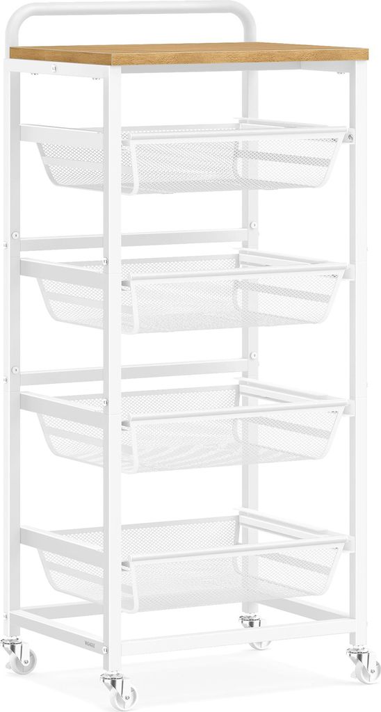A white metal rolling cart with a wooden top and five mesh baskets, shown from a front-facing angle.