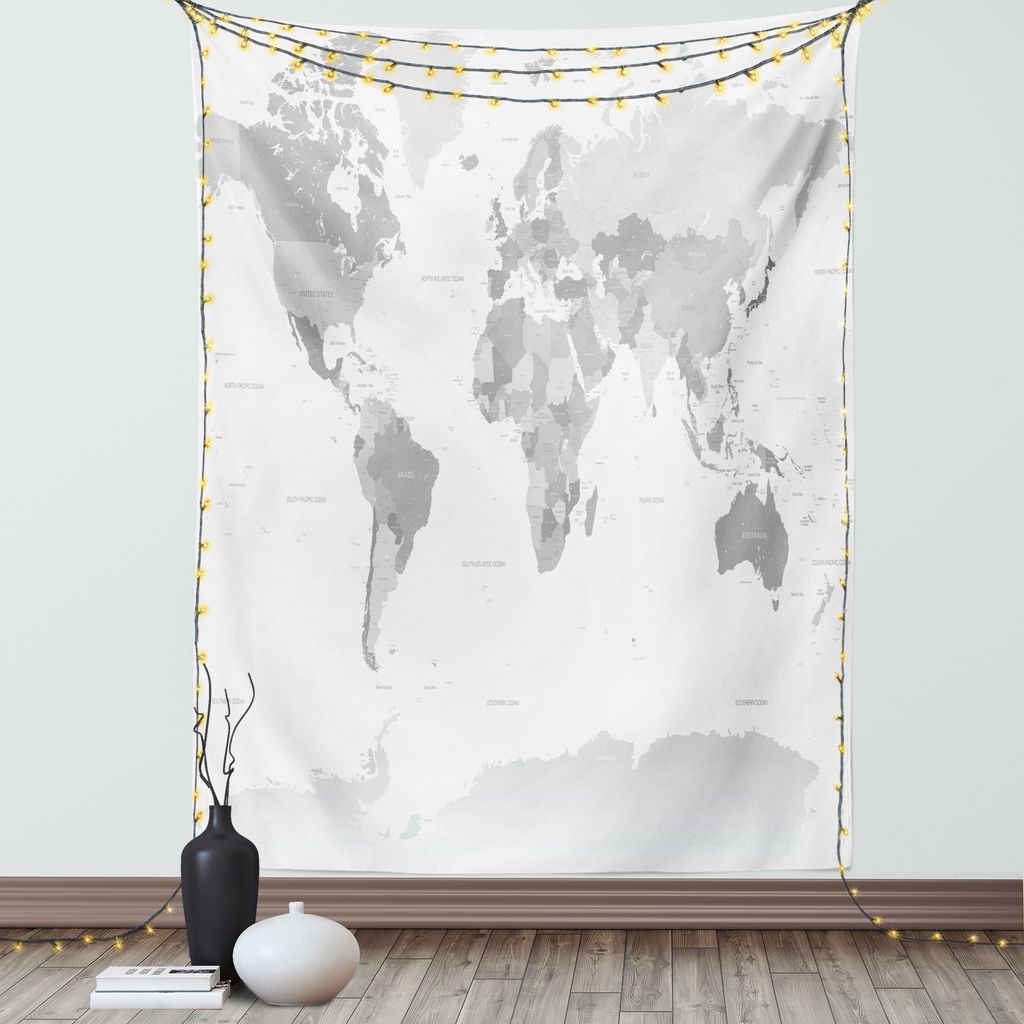 ABAKUHAUS Grau Wandteppich, Ausführliche Politische Weltkarte mit allen Ländern, Wohnzimmer Schlafzimmer Seidiger Satin Wandtuch, 150 x 200 cm, G...