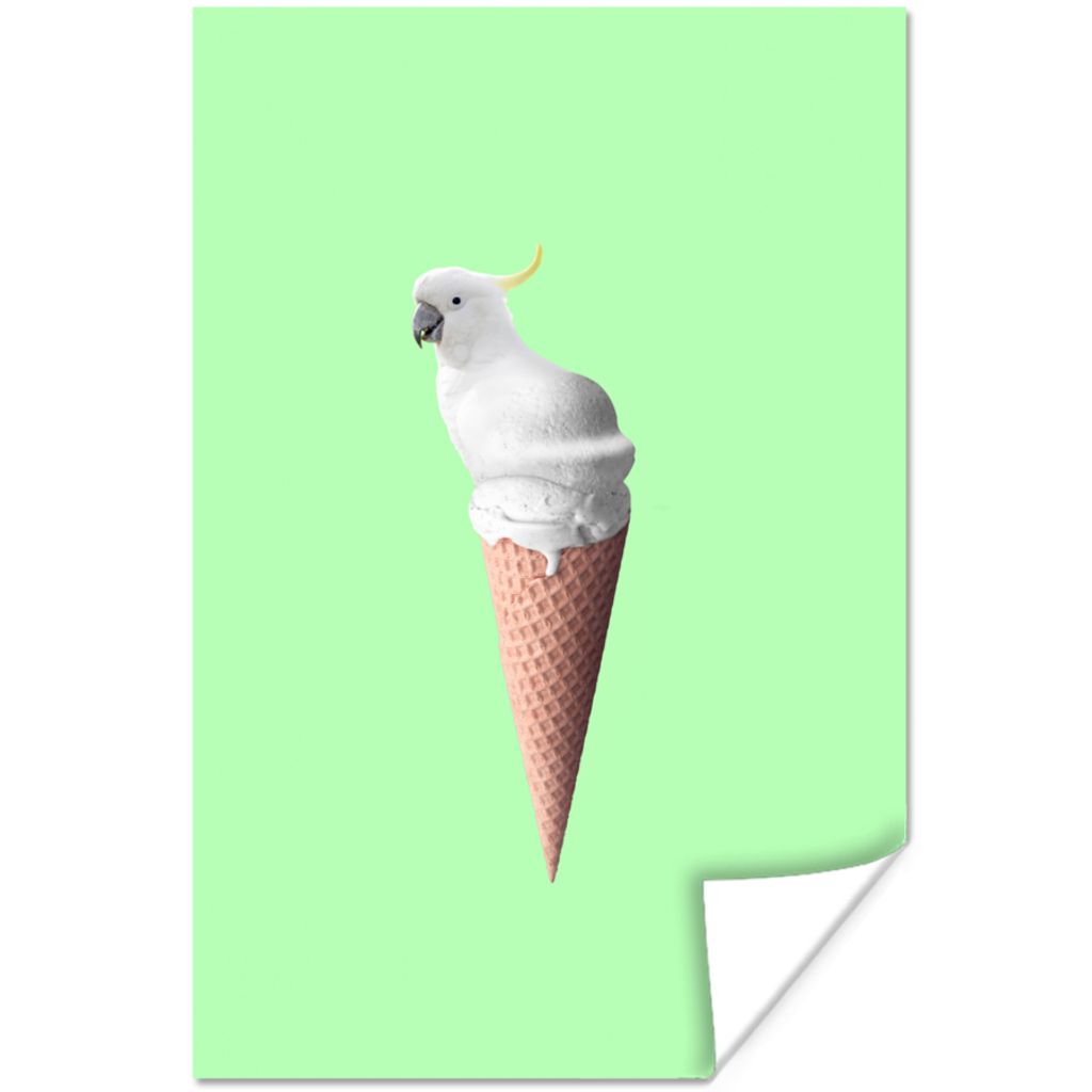 MuchoWow Poster Papagei - Eistüten - Eiscreme - Weiß - Grün 40x60 cm - Plakate für die Wand - Poster Babyzimmer